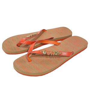 Tory Burch Women’s Size 11 Orange Stripe Gold Charms Sandal Flip Flop